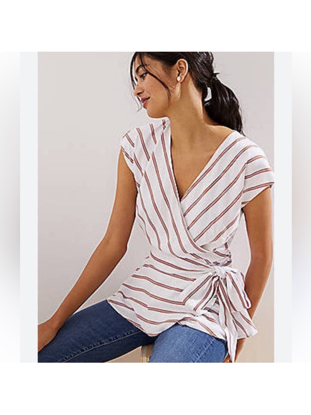 Loft size large. Striped Wrap Tie-Side V-Neck Top - White with Rust Stripes
